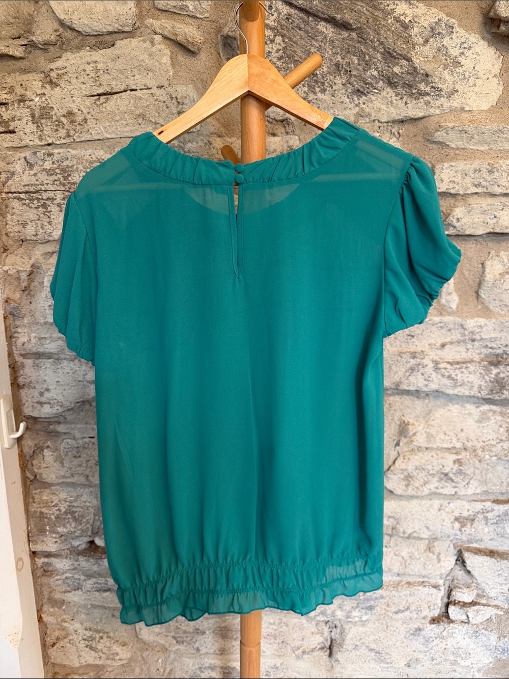 Teal Short-Sleeve Blouse - Gathered Yoke - Picture 2 of 8